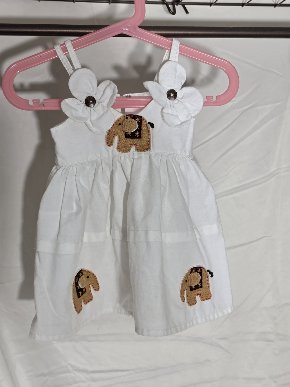 White Cotton Elephant Appliqué Sundress for Girls